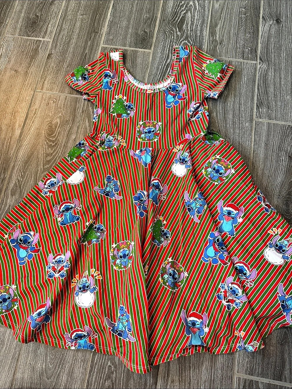 Wild Rich Kids Disney Stitch Christmas Print Swing Twirl Dress 13/14 Striped EUC